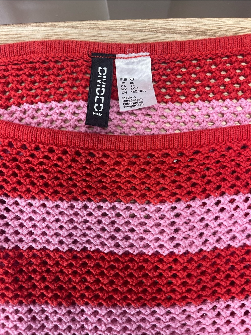 H&M Red and Pink Striped Open-Knit Crew Sweater